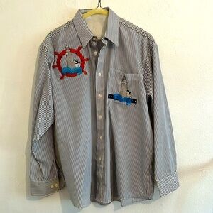 Black and White Striped  Nautical Long Sleeve Blouse With Lighthouse Appliqué  M